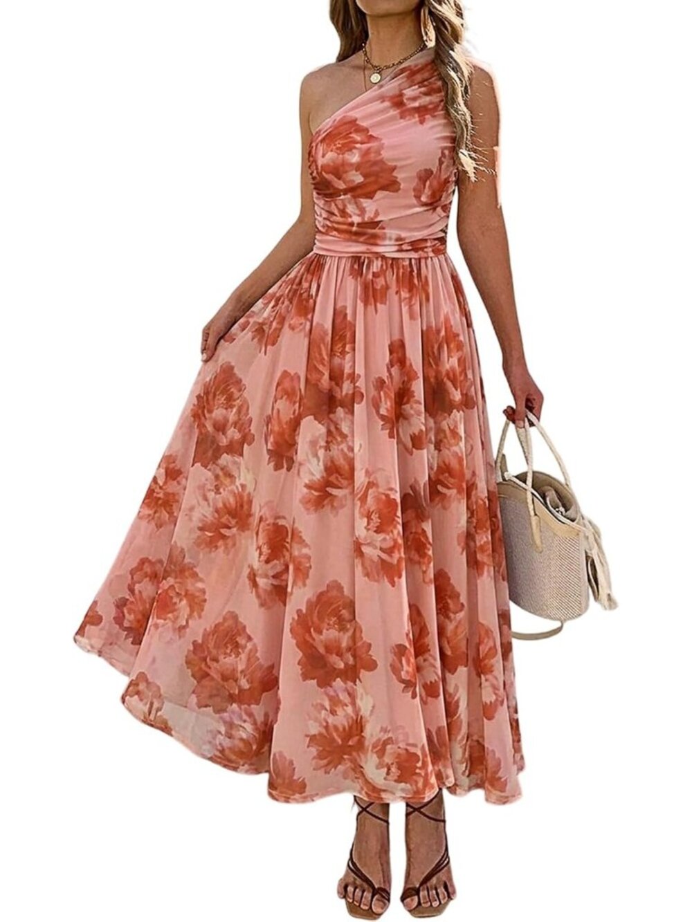 Women's Pink Summer Boho Beach One Shoulder Floral Wedding Guest Maxi Dresses